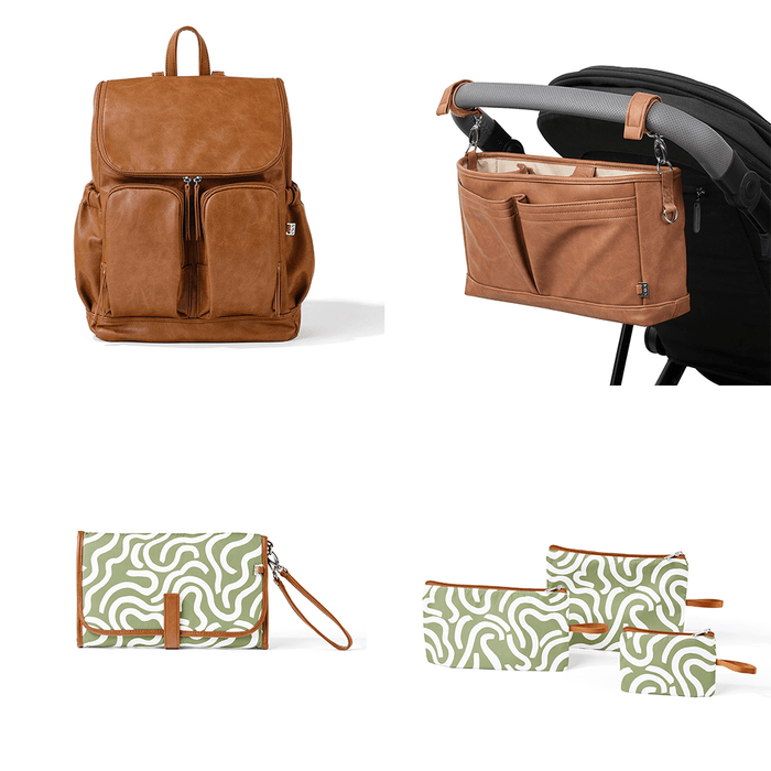 First Time Parent Nappy Bag Bundle -  Tan & Green Squiggle