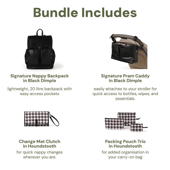 First Time Parent Nappy Bag Bundle - Black Dimple & Houndstooth