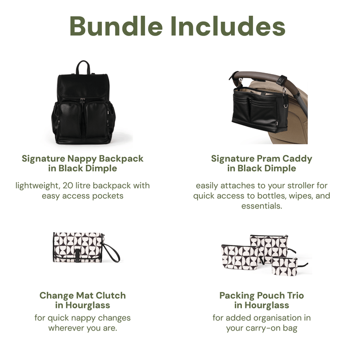 First Time Parent Nappy Bag Bundle - Black Dimple & Hourglass