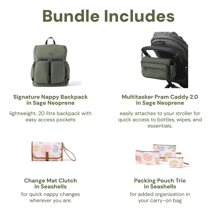 First Time Parent Nappy Bag Bundle - Sage & Seashells