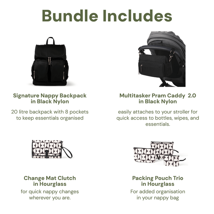 First Time Parent Nappy Bag Bundle - Black Nylon & Hourglass