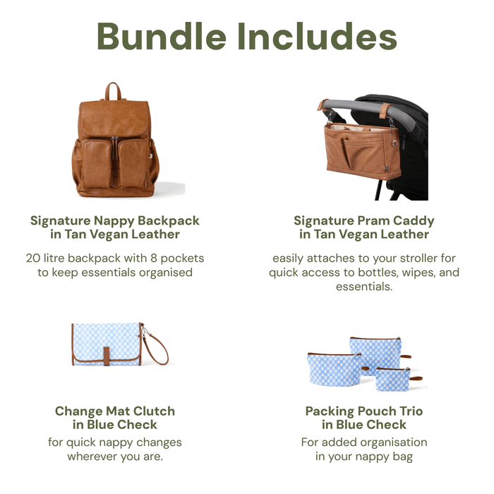 First Time Parent Nappy Bag Bundle - Tan & Blue Check (PRE-ORDER FOR MAY DELIVERY)