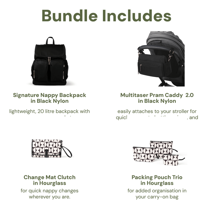 First Time Parent Nappy Bag Bundle - Black Nylon & Hourglass
