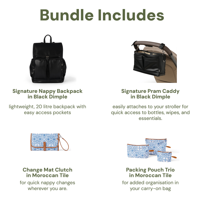 First Time Parent Nappy Bag Bundle - Black Dimple & Moroccan