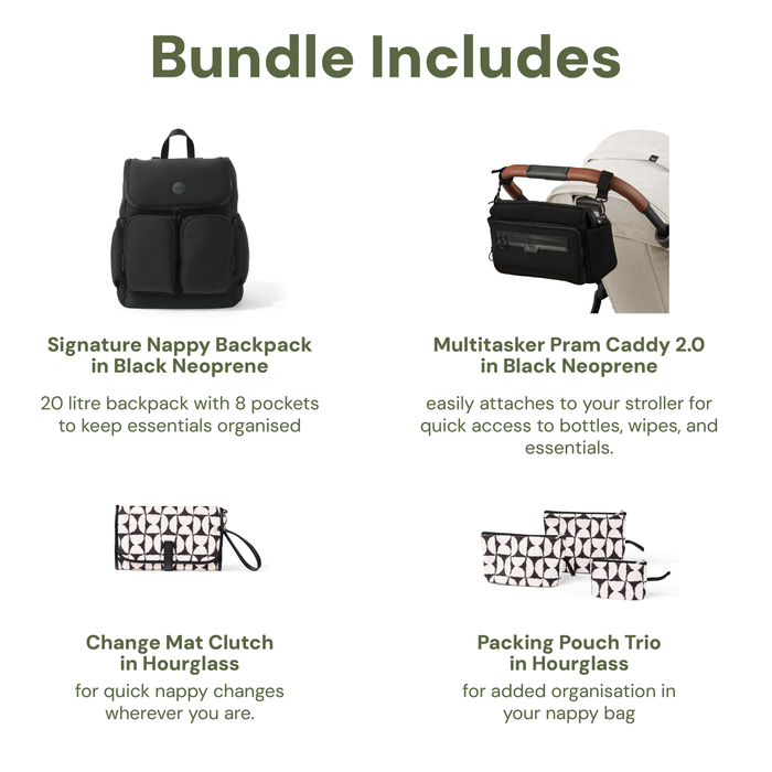 First Time Parent Nappy Bag Bundle - Black Neoprene & Hourglass