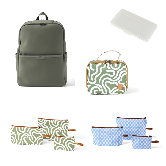 Baby & Toddler Nappy Bag Bundle – Sage Neoprene, Green Squiggle & Blue Check (PRE-ORDER FOR MAY DELIVERY)