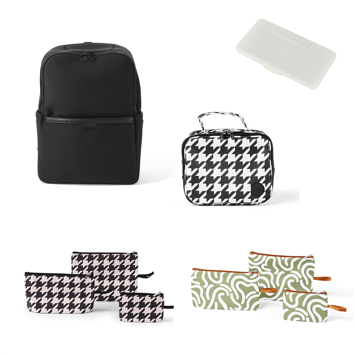 Baby & Toddler Nappy Bag Bundle – Black Neoprene, Houndstooth & Green Squiggle (PRE-ORDER FOR MAY DELIVERY)