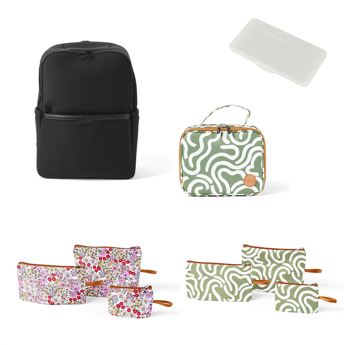 Baby & Toddler Nappy Bag Bundle – Black Neoprene, Green Squiggle & Daisy (PRE-ORDER FOR MAY DELIVERY)