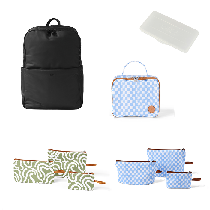 Baby & Toddler Nappy Bag Bundle – Weatherproof, Blue Check & Green Squiggle (PRE-ORDER FOR MAY DELIVERY)