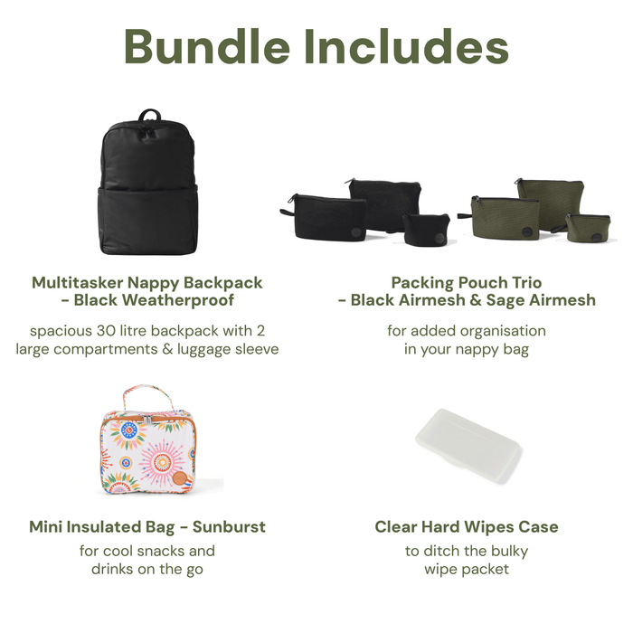 Baby & Toddler Nappy Bag Bundle – Weatherproof, Sunburst & Airmesh