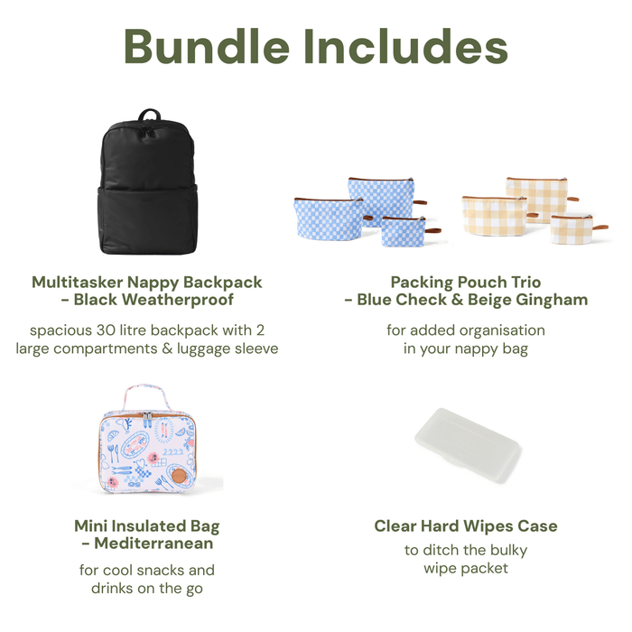 Baby & Toddler Nappy Bag Bundle – Weatherproof, Mediterranean & Gingham (PRE-ORDER FOR MAY DELIVERY)