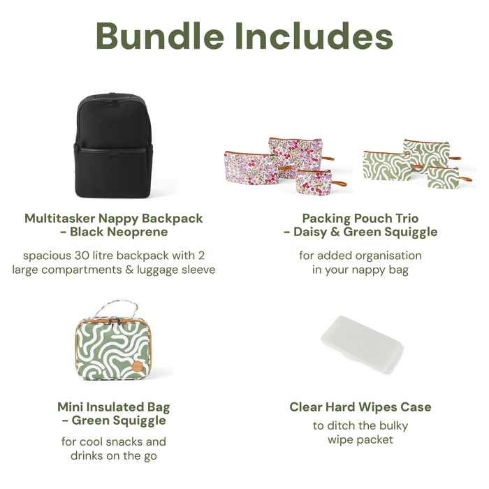 Baby & Toddler Nappy Bag Bundle – Black Neoprene, Green Squiggle & Daisy (PRE-ORDER FOR MAY DELIVERY)