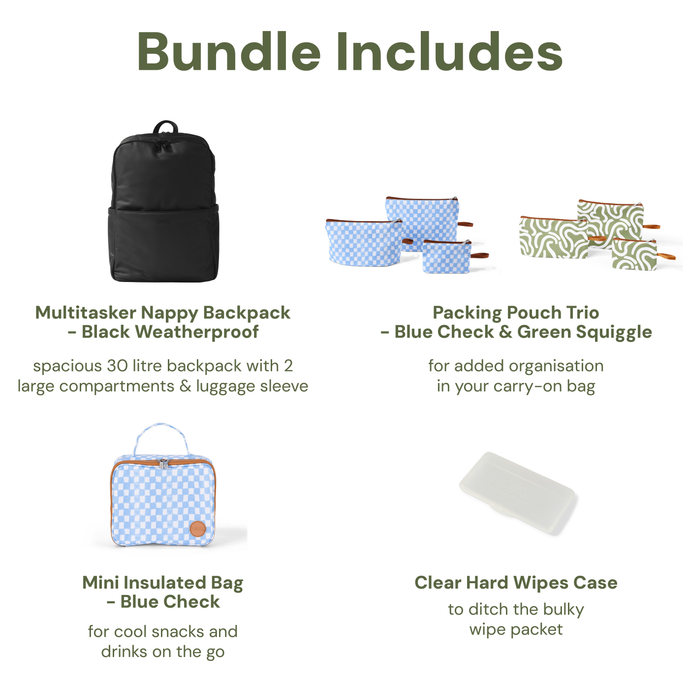 Baby & Toddler Nappy Bag Bundle – Weatherproof, Blue Check & Green Squiggle (PRE-ORDER FOR MAY DELIVERY)