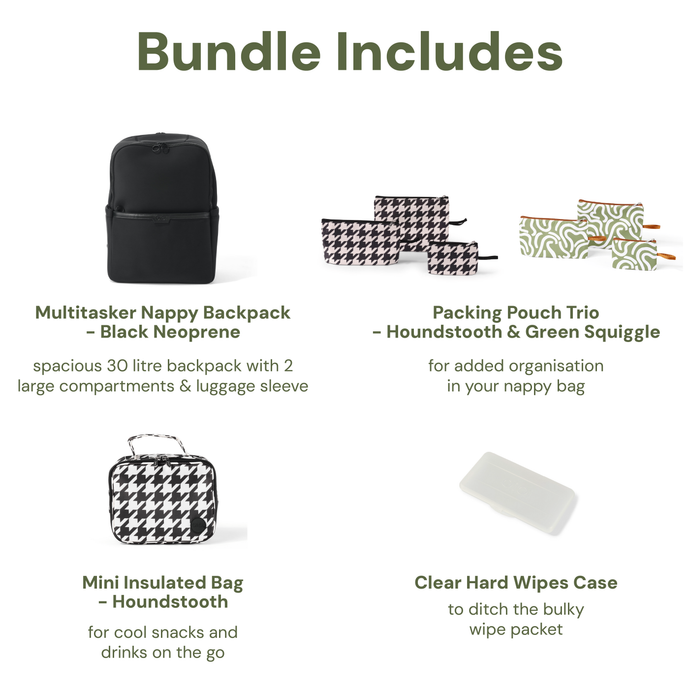 Baby & Toddler Nappy Bag Bundle – Black Neoprene, Houndstooth & Green Squiggle (PRE-ORDER FOR MAY DELIVERY)