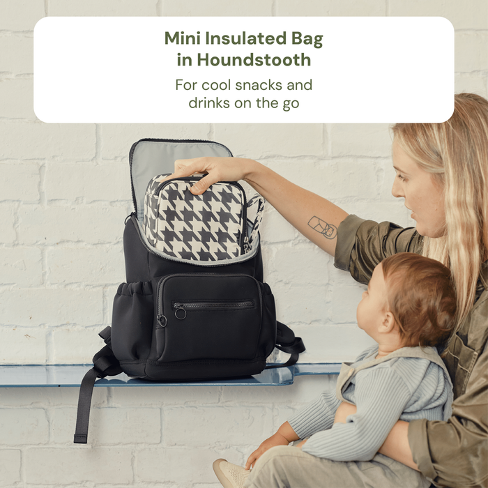 Baby & Toddler Nappy Bag Bundle – Black Neoprene, Houndstooth & Green Squiggle (PRE-ORDER FOR MAY DELIVERY)