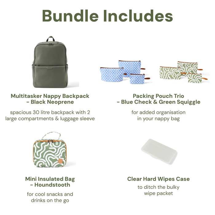 Baby & Toddler Nappy Bag Bundle – Sage Neoprene, Green Squiggle & Blue Check (PRE-ORDER FOR MAY DELIVERY)