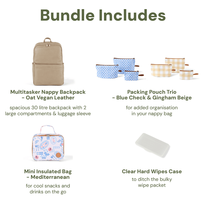 Baby & Toddler Nappy Bag Bundle – Oat, Mediterranean & Gingham
