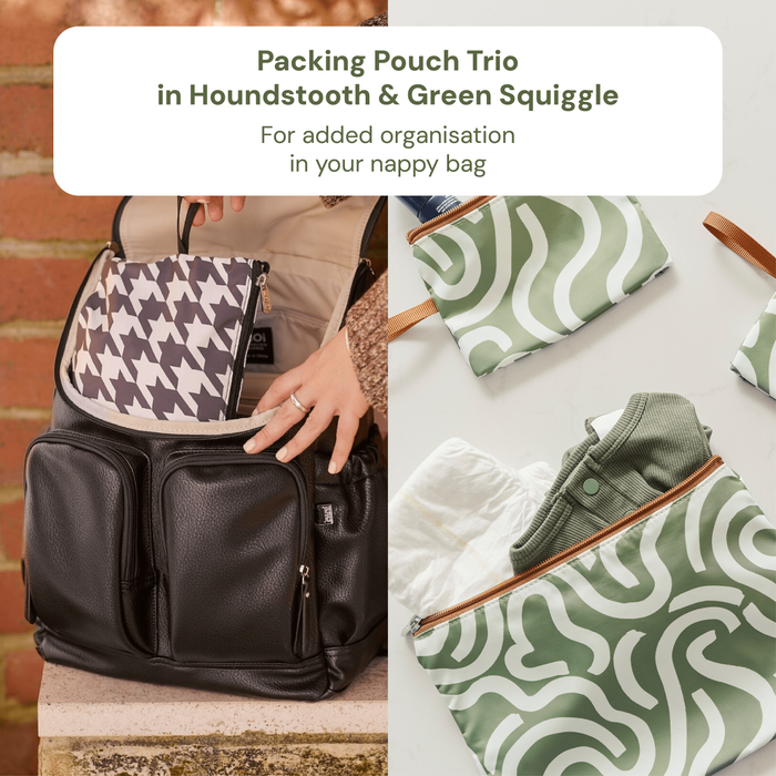 Baby & Toddler Nappy Bag Bundle – Black Neoprene, Houndstooth & Green Squiggle (PRE-ORDER FOR MAY DELIVERY)