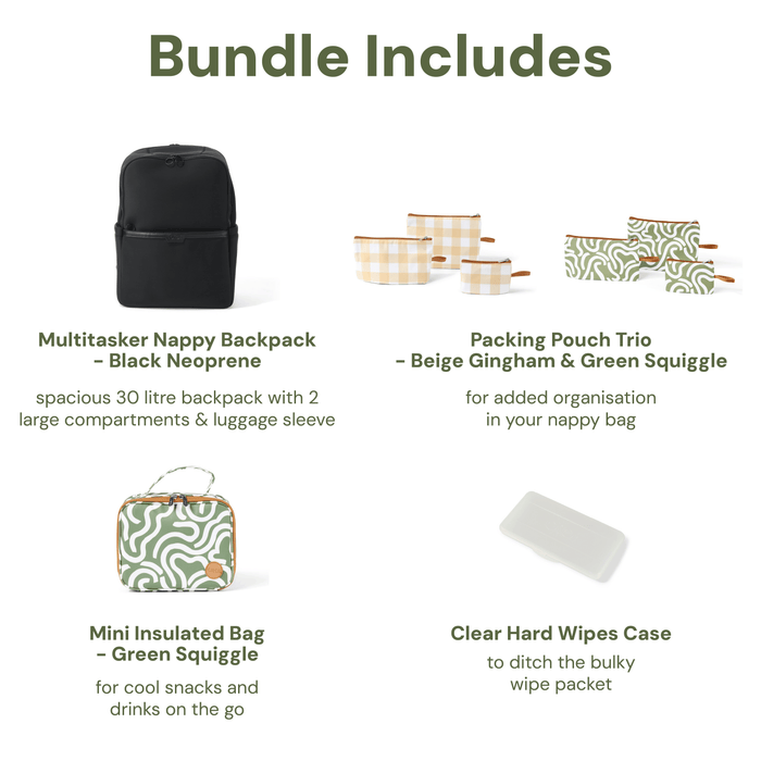 Baby & Toddler Nappy Bag Bundle – Black Neoprene, Green Squiggle & Gingham