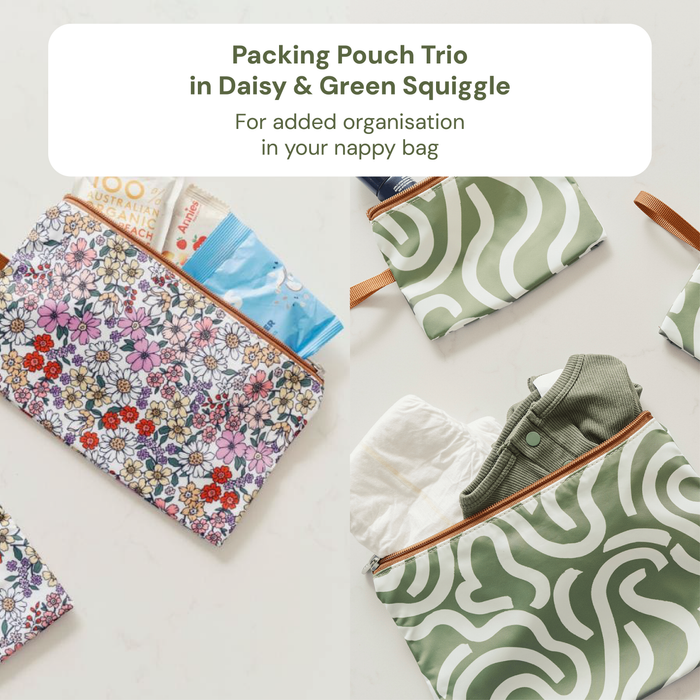 Baby & Toddler Nappy Bag Bundle – Black Neoprene, Green Squiggle & Daisy (PRE-ORDER FOR MAY DELIVERY)