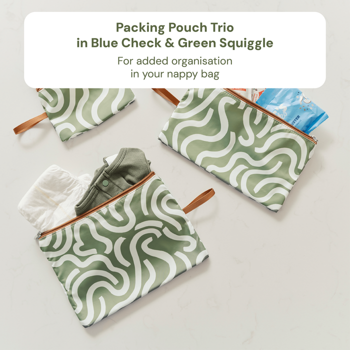 Baby & Toddler Nappy Bag Bundle – Weatherproof, Blue Check & Green Squiggle (PRE-ORDER FOR MAY DELIVERY)