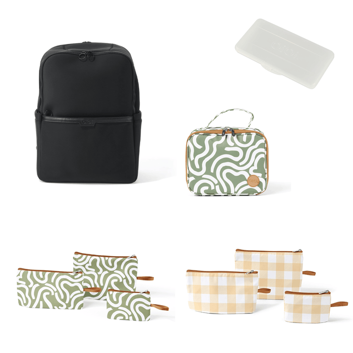 Baby & Toddler Nappy Bag Bundle – Black Neoprene, Green Squiggle & Gingham