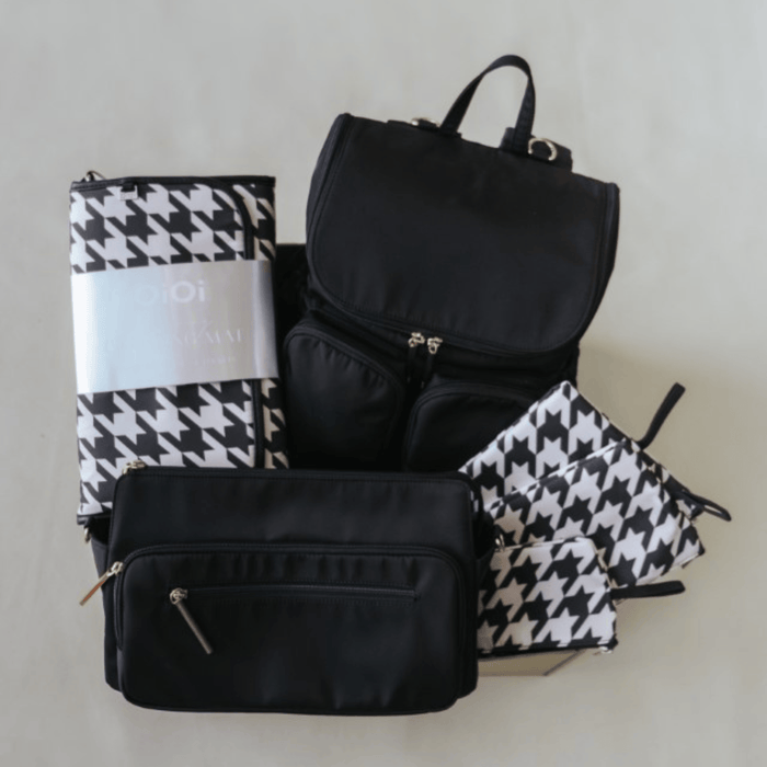 First Time Parent Nappy Bag Bundle - Black Nylon & Houndstooth