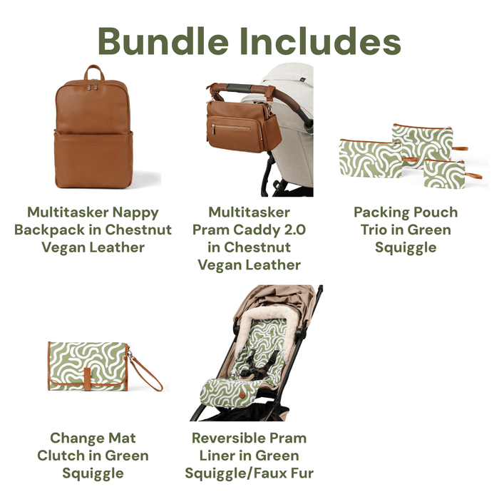 Multitasker Baby Bag Bundle - Chestnut & Green Squiggle
