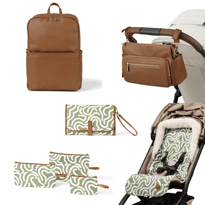 Multitasker Baby Bag Bundle - Chestnut & Green Squiggle