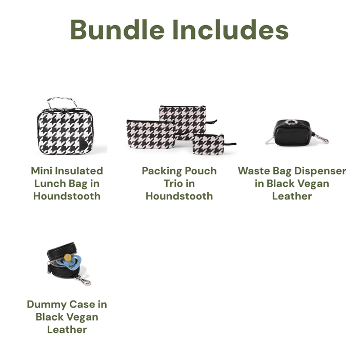 Nappy Bag Organisation Kit – Houndstooth & Black Vegan Leather