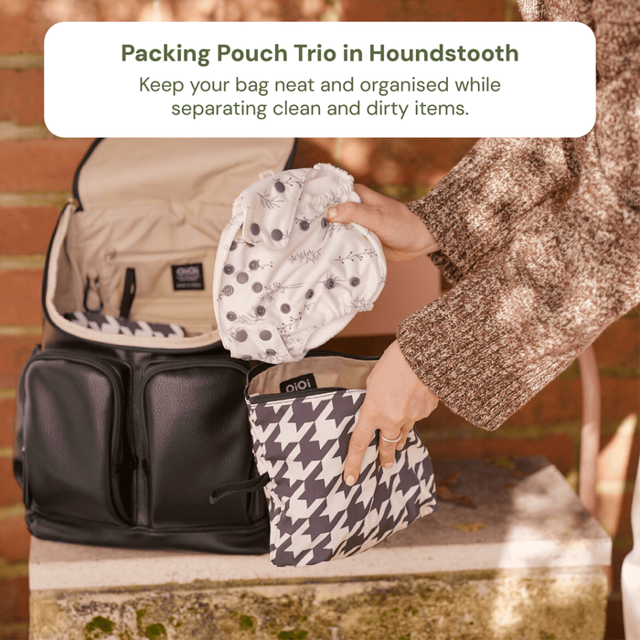Nappy Bag Organisation Kit – Houndstooth & Black Vegan Leather