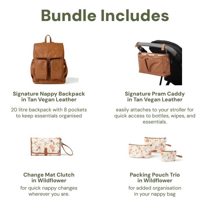 First Time Parent Nappy Bag Bundle - Tan & Wildflower