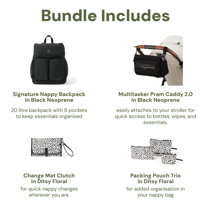 First Time Parent Nappy Bag Bundle - Black Neoprene & Ditsy Floral