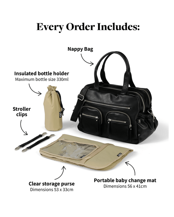 a classic black baby bag with its beige accessories: change mat, purse and bottle holder