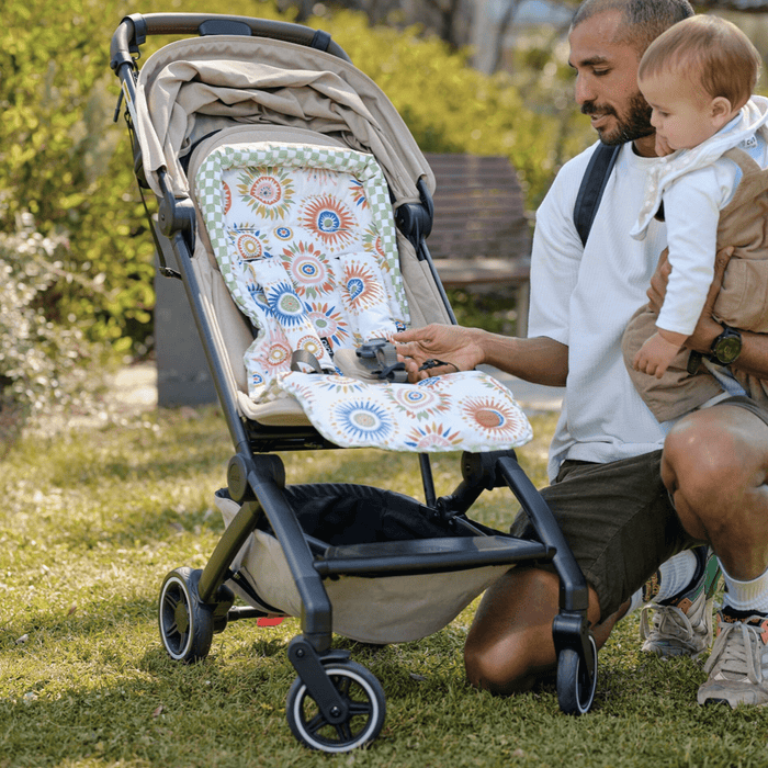 Reversible pram liner - Sunburst/Green Check (PRE-ORDER FOR LATE JANUARY DELIVERY)