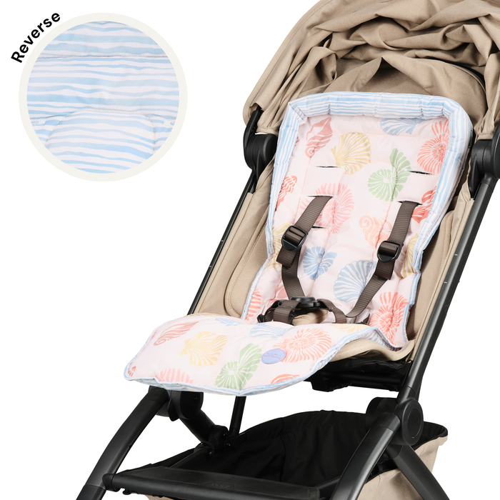 Reversible pram liner - Seashells/Blue Stripe (PRE-ORDER FOR FEBRUARY DELIVERY)