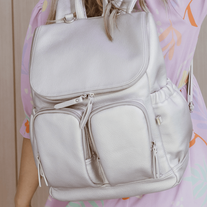 Signature Nappy Backpack - Metallic Silver Dimple Vegan Leather