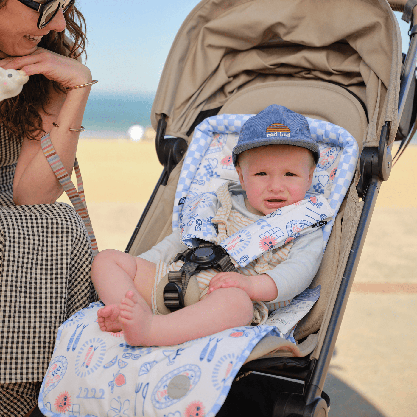 Pram Liner for Boys | Blue Check & Mediterranean Print (Reversible) — OiOi