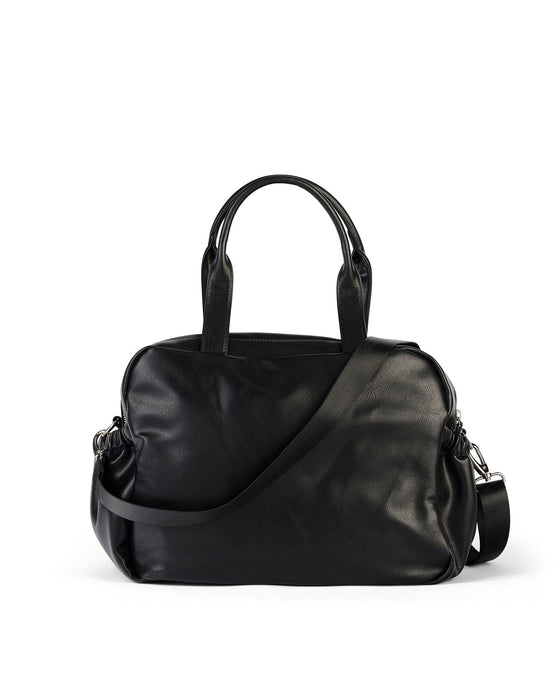 the back of the OiOi Carry All Faux Leather Carry All Nappy Bag in Black