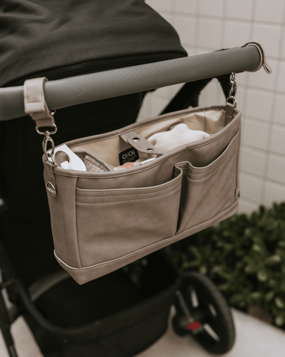 OiOi Stroller Organiser Faux Leather Stroller Organiser/Pram Caddy - Taupe (PRE-ORDER FOR LATE DECEMBER DELIVERY)